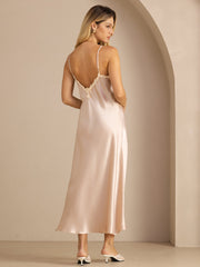 100% Mulberry Silk Spaghetti Strap V Neck Midi Dress with Lace V-Back Design