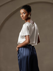19Momme Silk Short Sleeve Boat Neck Cuffed Sleeve Women's T-Shirt