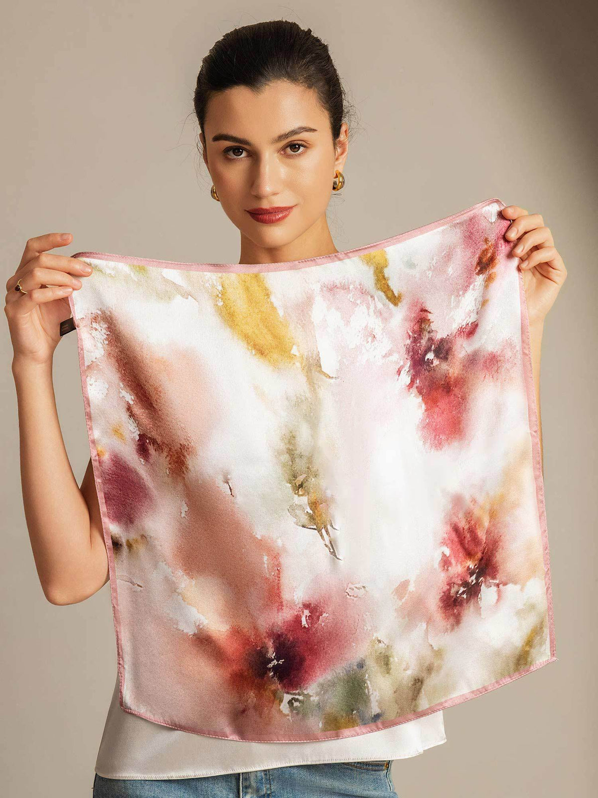 100% Mulberry Silk Floral Square Scarf with Pink Trim 53*53 cm