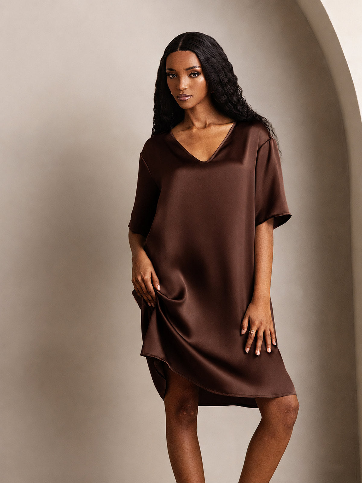 100% Mulberry Silk Half Sleeve V-neck Short Nightgown with Split Design