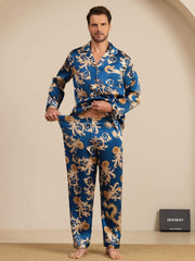 100% Mulberry Silk Men's Dragon Print  Long Sleeve Notch Collar Pajamas Set