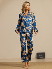 100% Mulberry Silk Dragon Print Long Sleeve Notch Collar Women's Pajamas Set With Pants
