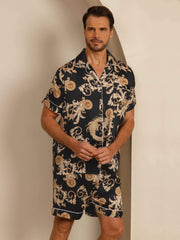 100% Mulberry Silk Men's Dragon Print  Short Sleeve Lapel Collar Pajamas Set