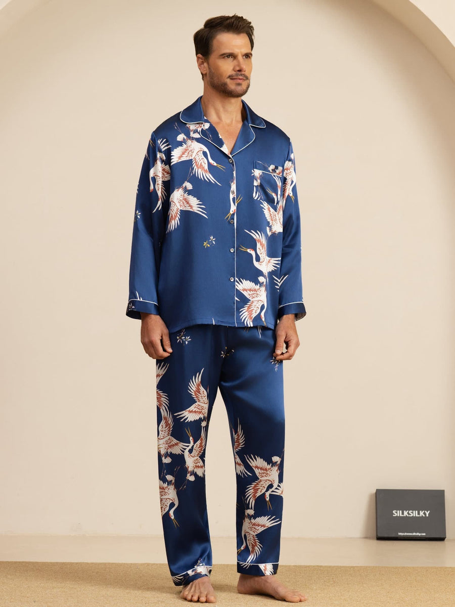 19Momme 100% Mulberry Silk Men's Crane Print Long Sleeve Notch Collar Pajamas Set