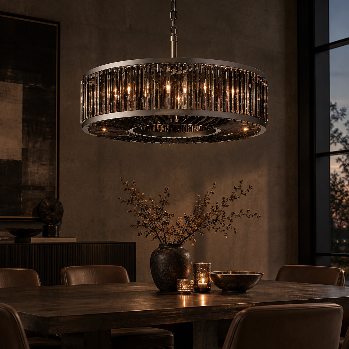 Modern Black Metal Crystal Drum Chandelier Light