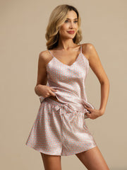 100% Mulberry Silk Geometric Print Spaghetti Strap V Neck Camisole Set