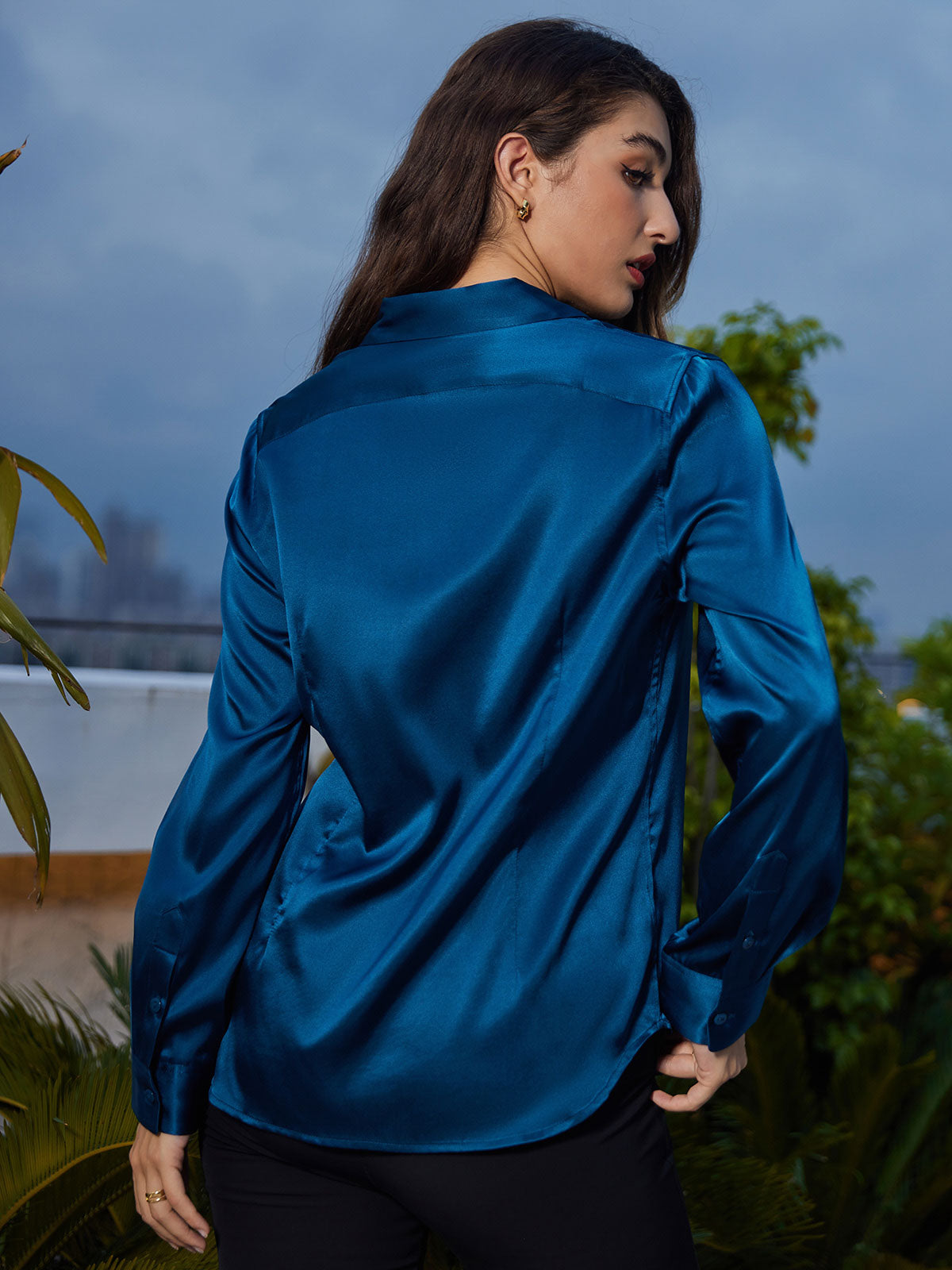 19Momme Silk Long Sleeve Lapel Collar Women's Shirt with Button Up Design