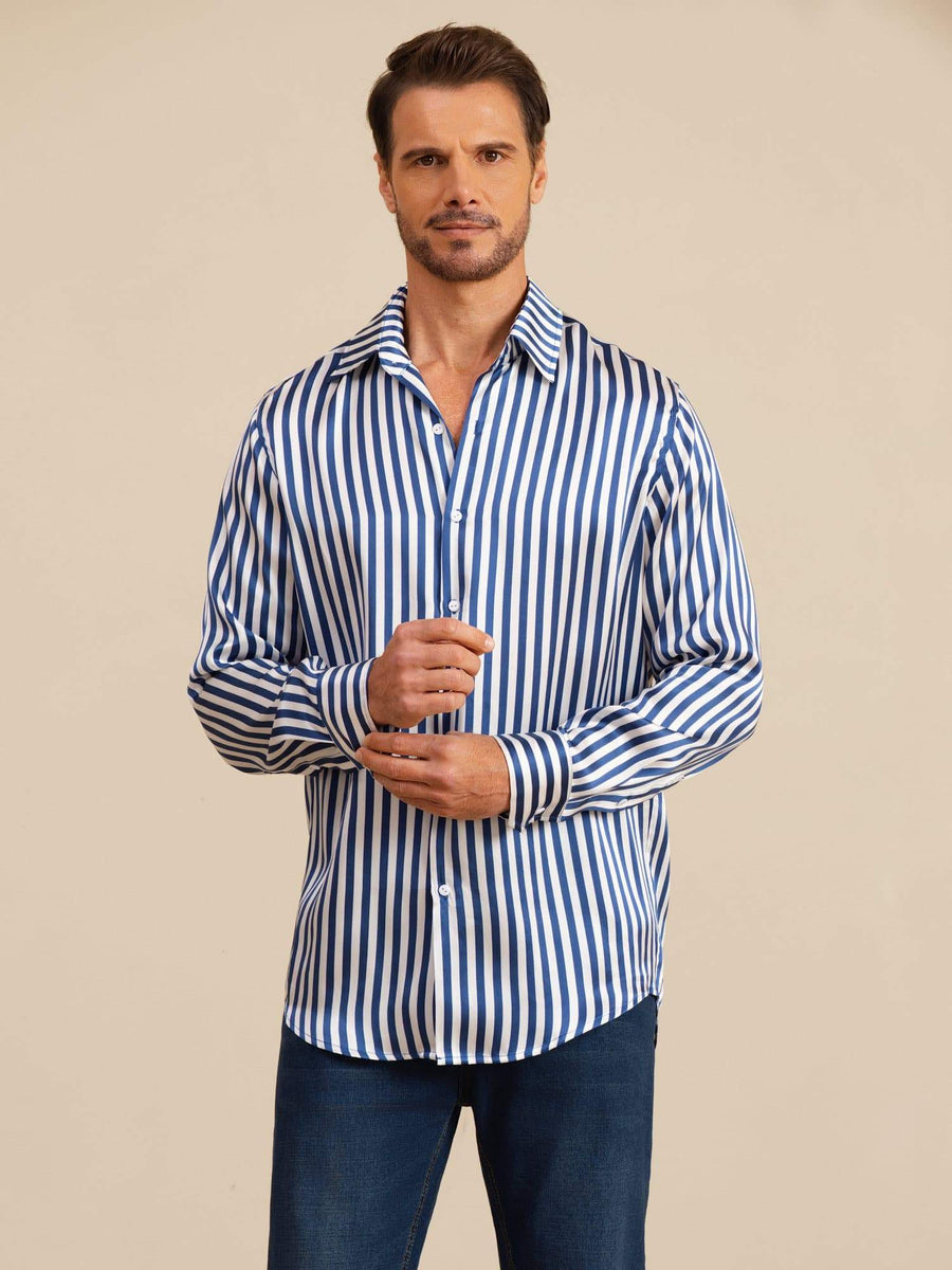 19Momme Silk Men's Long Sleeve Lapel Collar Stripe Print Shirt