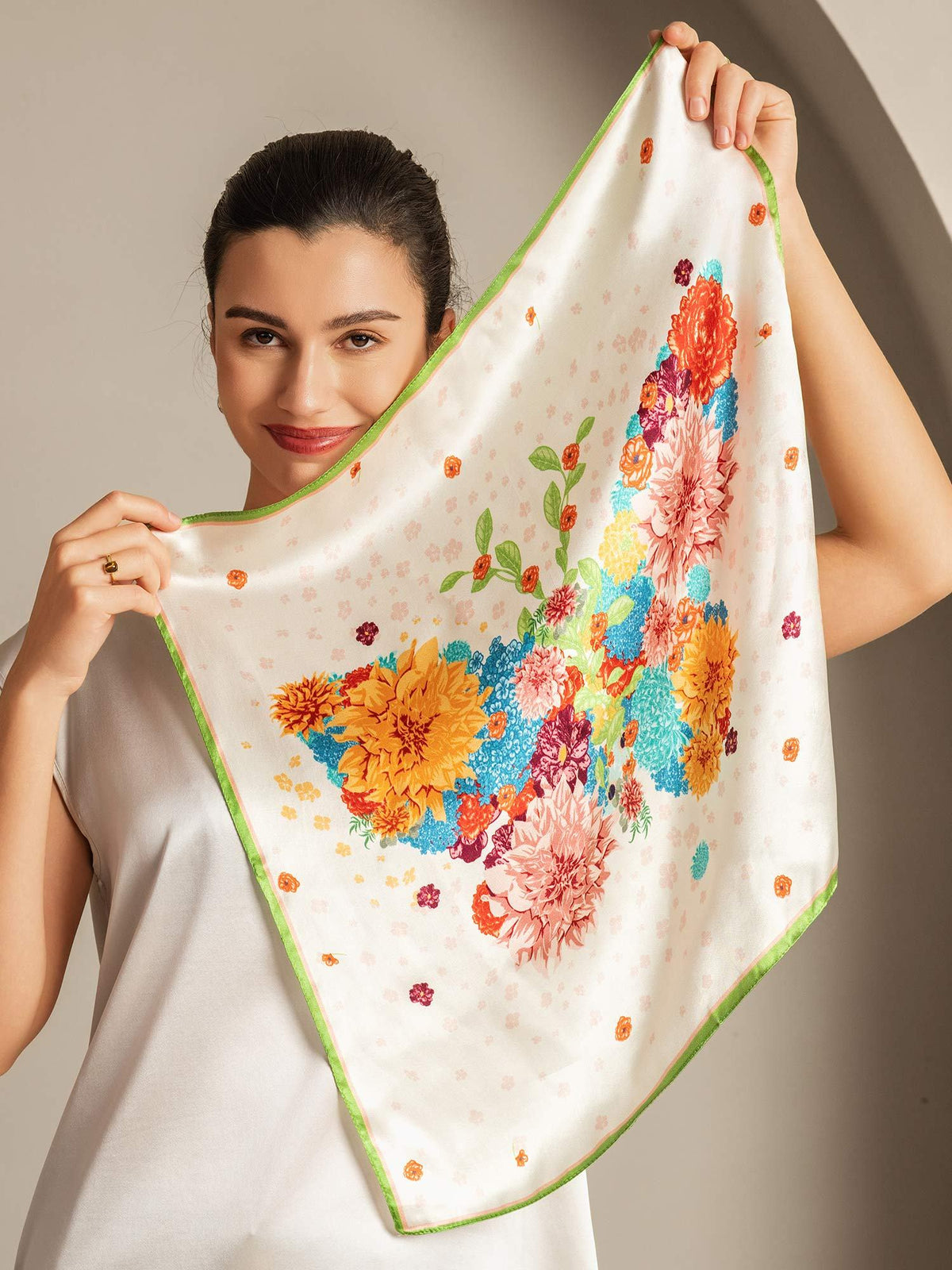 100% Mulberry Silk Floral Square Scarf with Green Trim 53*53 cm