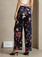 19Momme Silk Navy Floral Print Wide Leg Women's Pants With Side Pockets Design