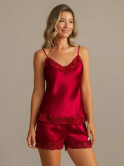 100% Mulberry Silk Lace Trim Spaghetti Strap V Neck Sexy Camisole Set