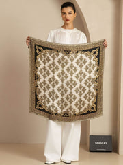 100% Mulberry Silk Vintage-Inspired Pattern  Square Scarf - Size 90x90cm