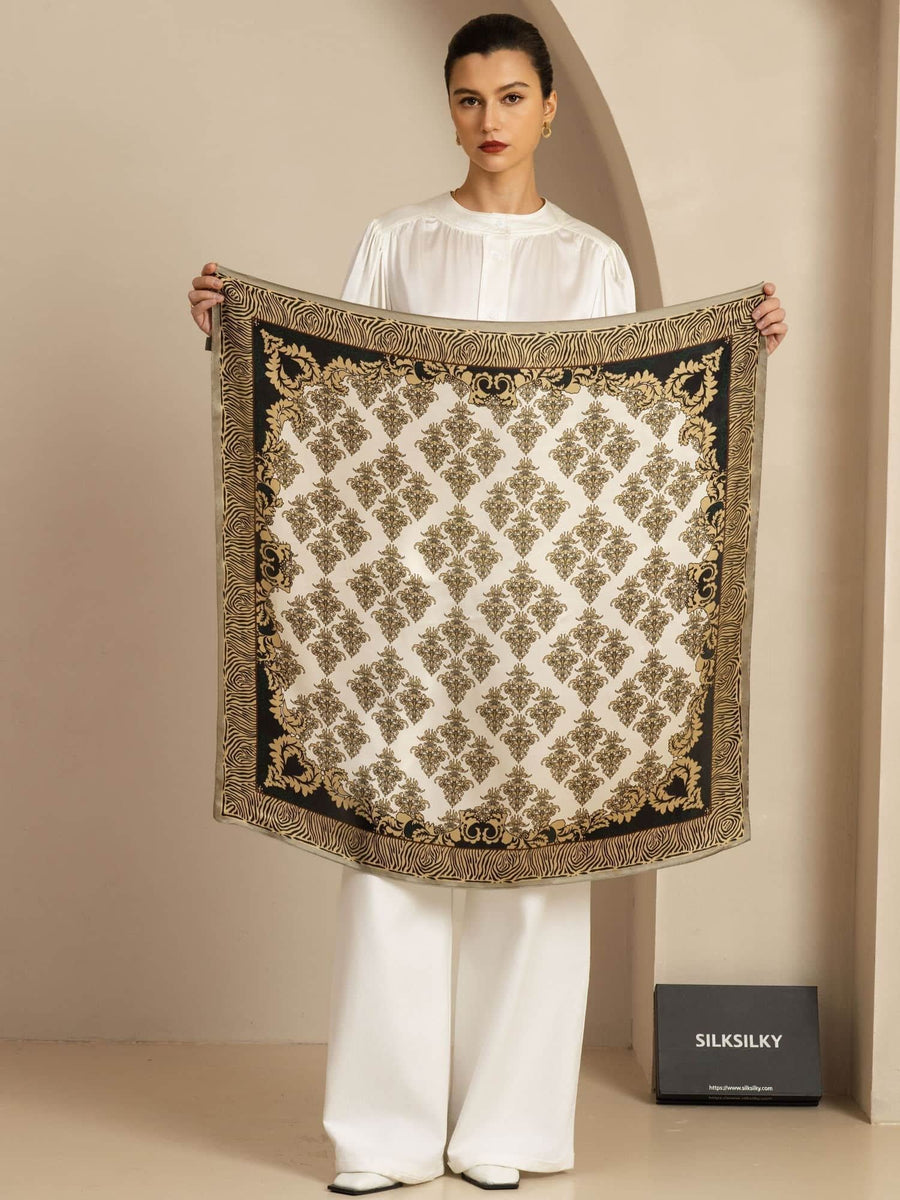 100% Mulberry Silk Vintage-Inspired Pattern  Square Scarf - Size 90x90cm