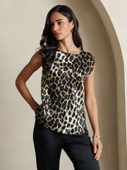 19Momme Silk Leopard Print Cap Sleeve Round Neck Women's Top
