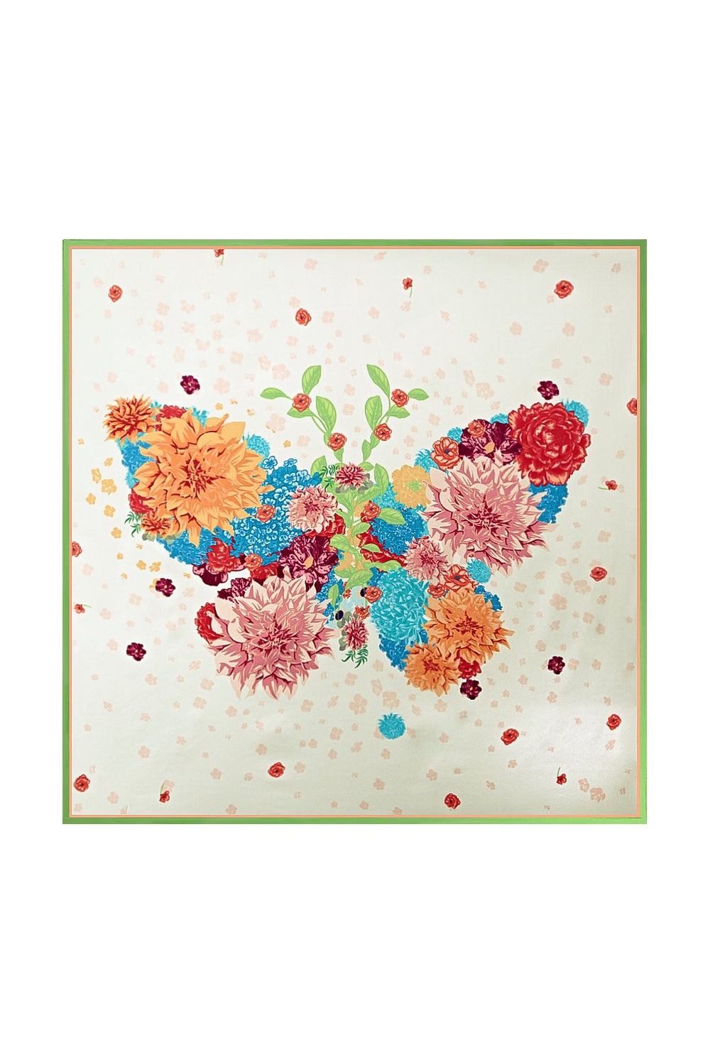 100% Mulberry Silk Floral Square Scarf with Green Trim 53*53 cm