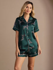 100% Mulberry Silk Women's Zebra Print Short Sleeve Button Up Pajama Set