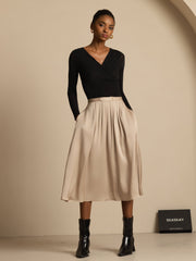 19Momme Silk High Waist A-Line Pleated Midi Skirt with Pockets