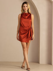 19Momme Silk Cowl Neck  Sleeveless Short Dress With Waist Tie