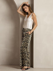 19Momme Silk Leopard Print Wide Leg Women's Pants With Side Pockets Design