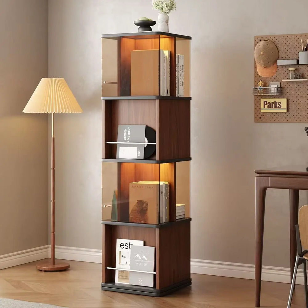 360° Rotating Narrow Bookcase with LED Lighting and Acrylic Panels