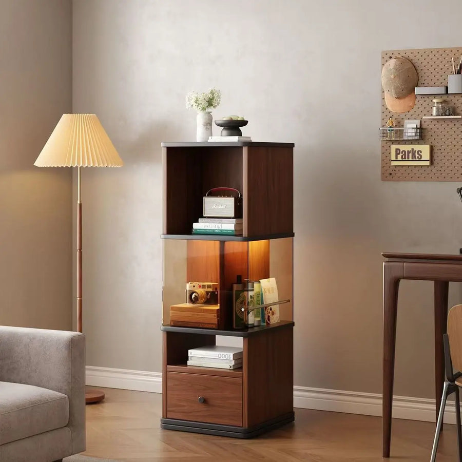 360° Rotating Narrow Bookcase with LED Lighting and Acrylic Panels