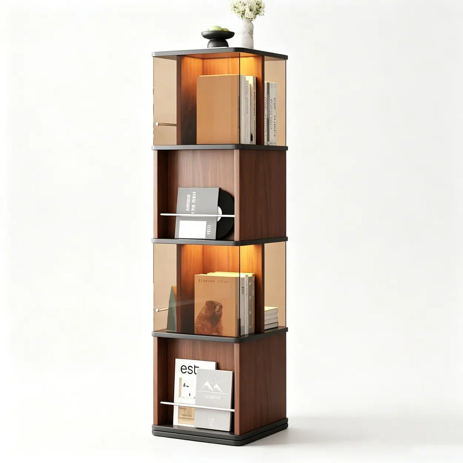 360° Rotating Narrow Bookcase with LED Lighting and Acrylic Panels