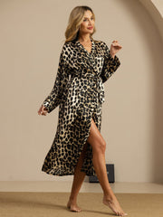 100% Mulberry Silk Women's Long Sleeve Midi Leopard Printed Robe