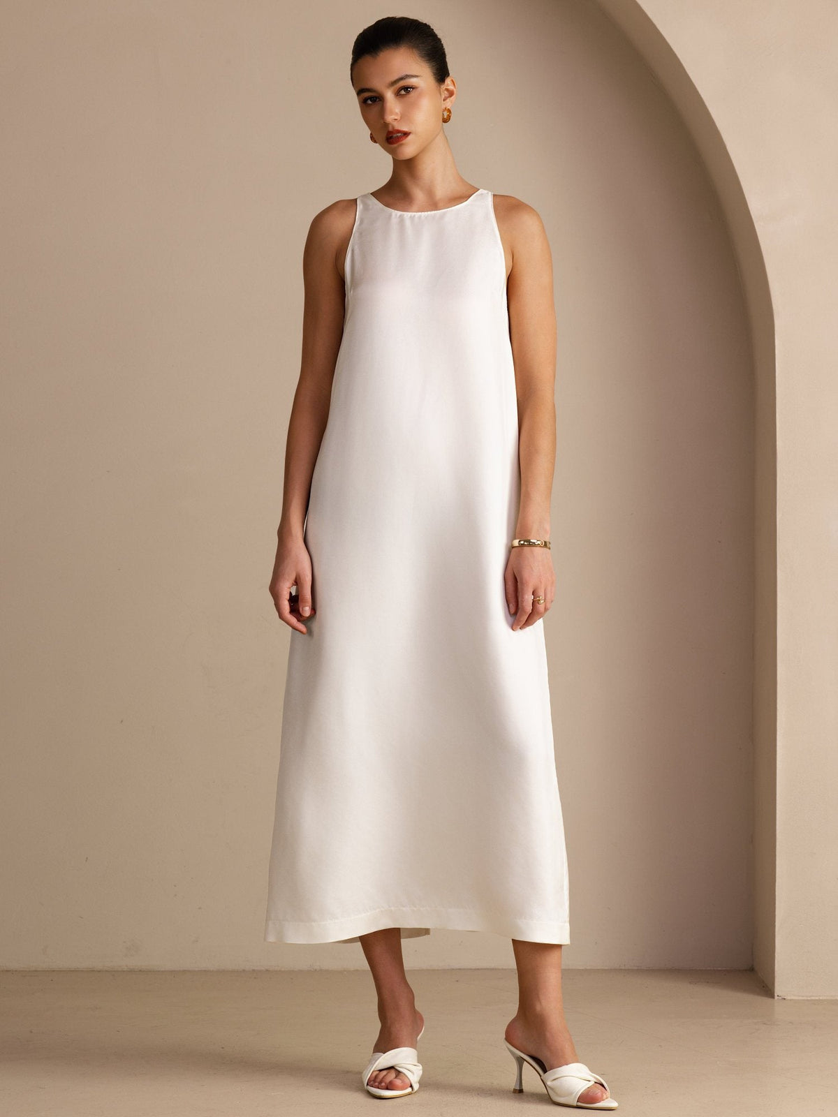 100% Mulberry Silk Crew Neck  Sleeveless Self-Tie Midi Dress