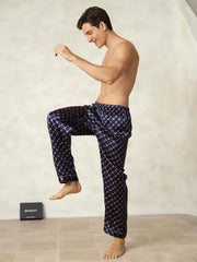 Men's 100% Mulberry Silk Chain Print Sleep Pants with Elastic Waist