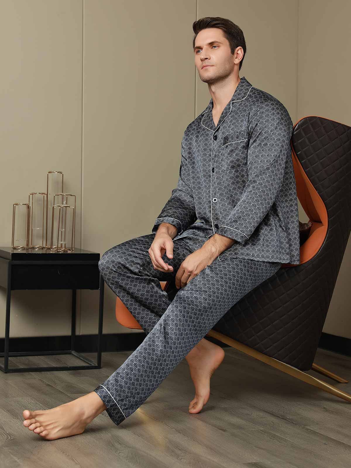 100% Mulberry Silk Ginkgo Print Long Sleeve Men's Pajamas Set With Pants