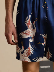 19Momme 100% Mulberry Silk Men's Crane Print Elastic Waist Sleep Shorts