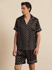 Clearance - 100% Mulberry Silk Short Sleeve Notch Collar Men's Chain Print Pajamas Set with Shorts