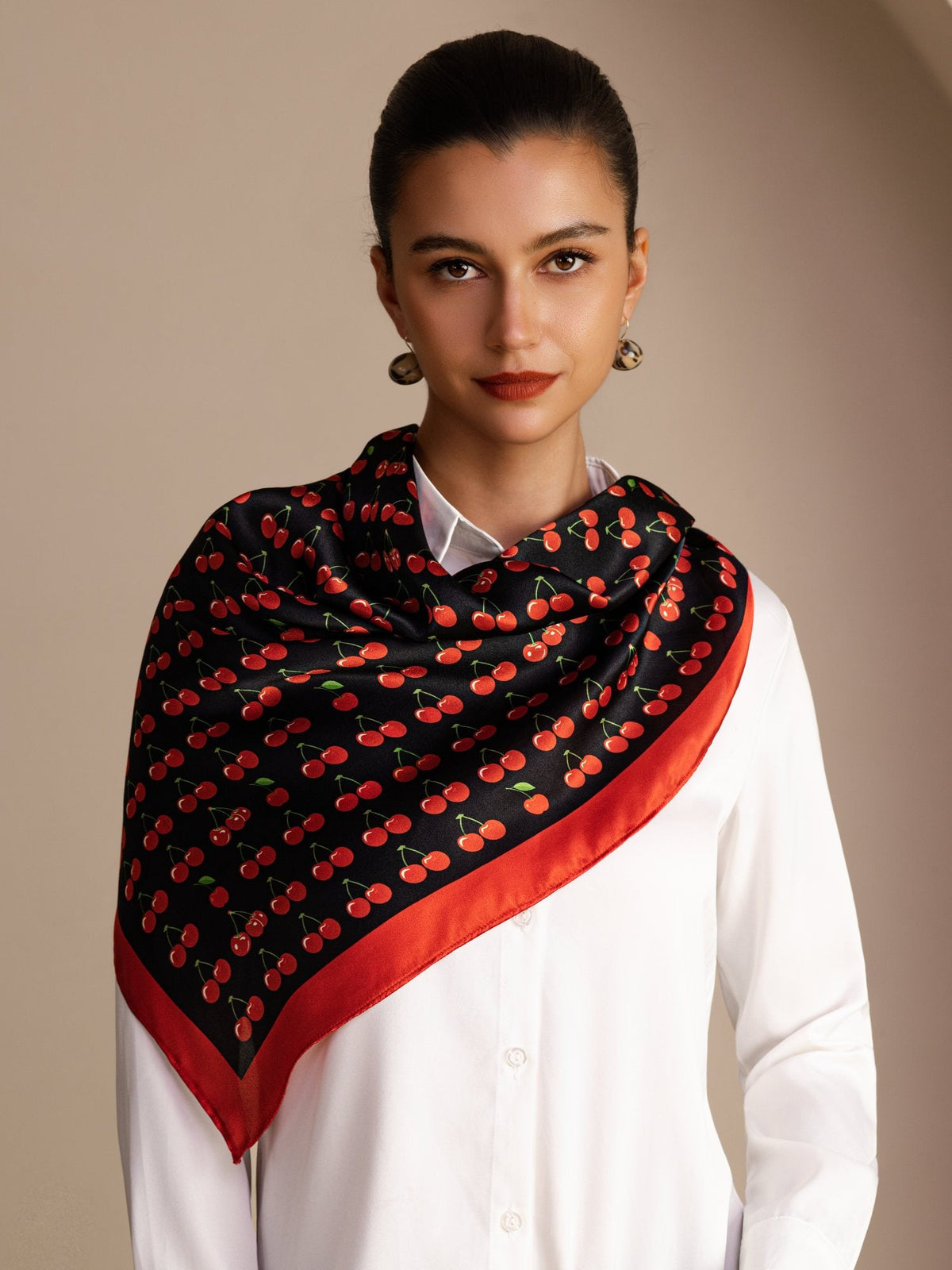 100% Mulberry Silk Cherry Pattern Scarf - Size 90x90cm