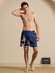 19Momme 100% Mulberry Silk Men's Crane Print Elastic Waist Sleep Shorts