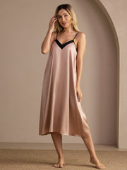 100% Mulberry Silk Contrast V-Neck Spaghetti Strap Midi Nightgown