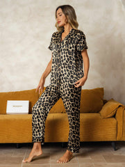 Women's 100% Mulberry Silk Leopard Print Short Sleeve Lapel Collar Pajamas Set With Pants