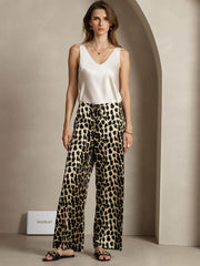 19Momme Silk Leopard Print Wide Leg Women's Pants With Side Pockets Design