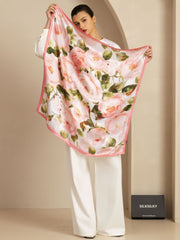 100% Mulberry Silk Pink Floral Print Square Scarf - Size 90x90cm