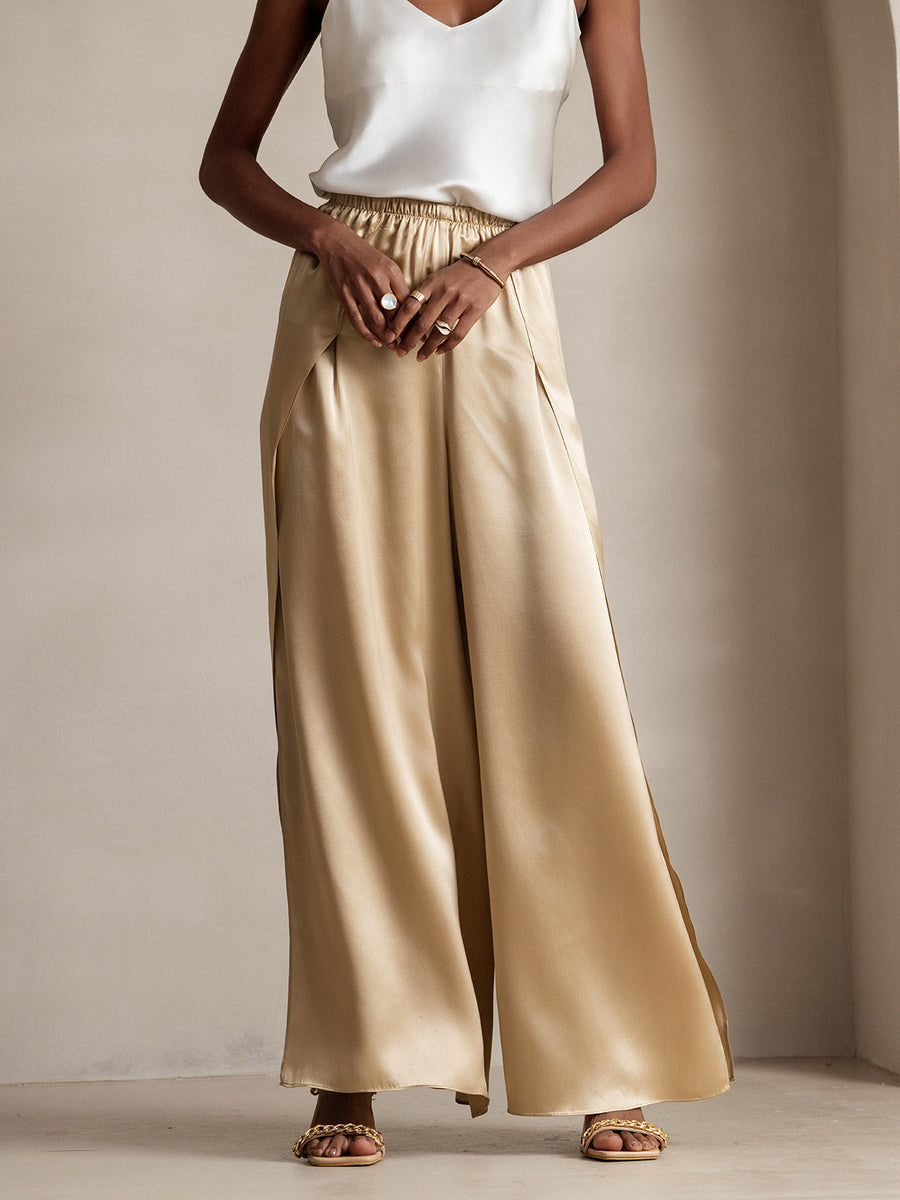 19Momme Silk Fashionable Flowy High-Slit Palazzo Pants