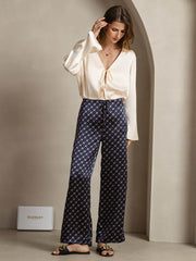19Momme Silk Chain Print Wide Leg Women's Pants With Side Pockets Design