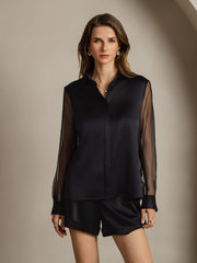 Women's 19Momme Silk Sheer Sleeve Lapel Collar Shirt