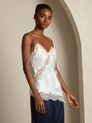100% Mulberry Silk Spaghetti Straps Lace Camisole Top with Asymmetrical Hem
