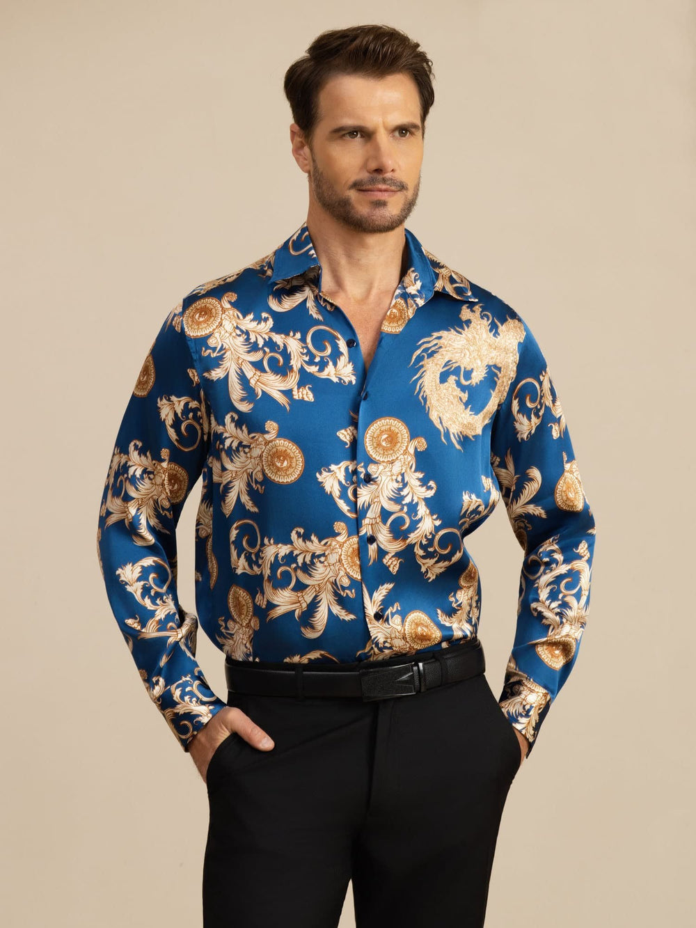 Pure Silk Men's Long Sleeve Lapel Collar Dragon Print Shirt