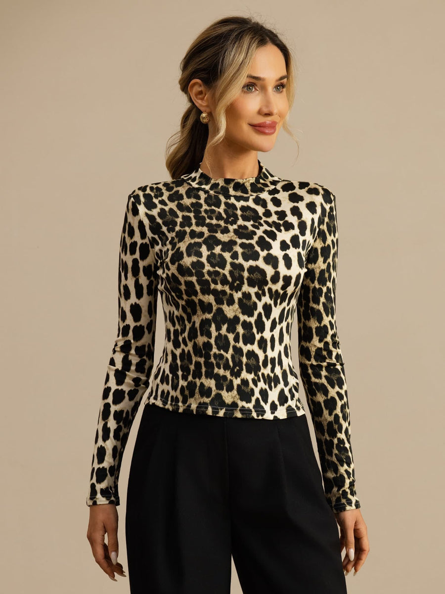 100% Mulberry Silk Wild Animal Print Women's Long Sleeve Mock Neck Top