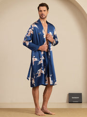 19Momme Pure Silk Men’s Knee Length Crane Printed Robe & Sleep Shorts Set