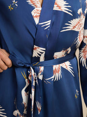 19Momme Pure Silk Men’s Knee Length Crane Printed Robe With Belted Design