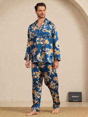 100% Mulberry Silk Men's Dragon Print  Long Sleeve Notch Collar Pajamas Set