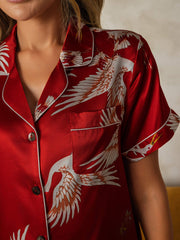 19Momme Women's 100% Mulberry Silk Crane Print Short Sleeve Pajamas Set