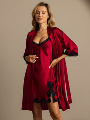 100% Mulberry Silk Basic Lace Trimmed Split Nightgown&Robe Set 2Pcs