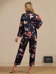 Women's 100% Mulberry Silk Navy Floral Print Long Sleeve Lapel Collar Button Up Pajamas Set